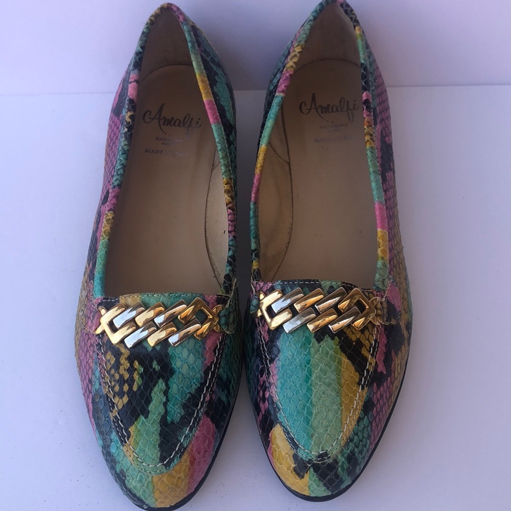 Amalfi Multicolor Snake Print Loafers with Gold Accent 6.5 Summer Colorful Italy